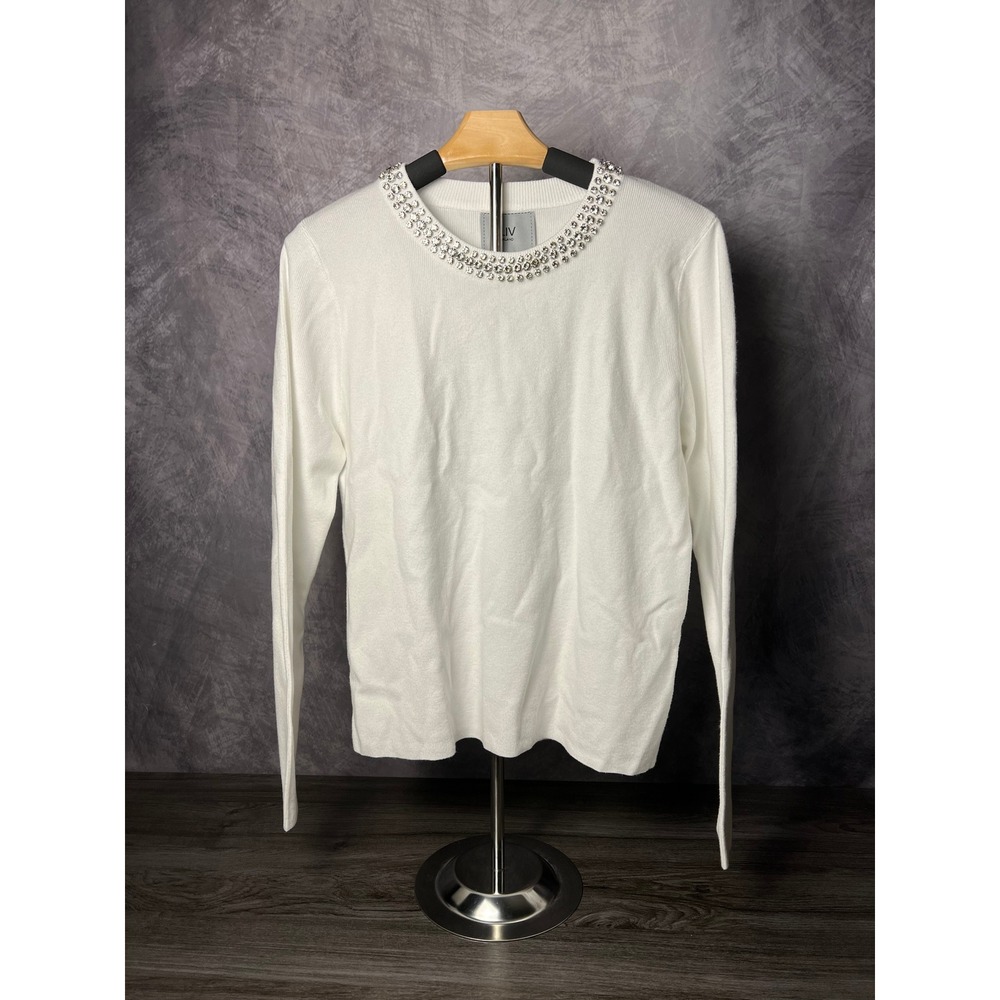 LIV Milano NWT Rhinestone Jewel Neck Sweater Eggshell White Size Medium